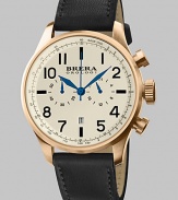 This watch marries contemporary design and allure in a stunning fusion of style and nostalgia, with a supple handmade Italian calfskin leather strap, whose patina will only get better with time and wear.Round bezelQuartz movementStainless steel case/rose gold IP: 44mm(1¾)Water resistant to 10ATMTwo-eye chronograph functionalitySecond handLeather strapMade in Italy