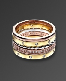 Versatility comes easy in this trendy, yet elegant, CRISLU style. Ring features three bands of colors including sterling silver, 18k gold over sterling silver, and 18k rose gold over sterling silver. Round-cut cubic zirconias (1-1/10 ct. t.w) add sparkle and shine. Sizes 5, 6, 7, 8, and 9.