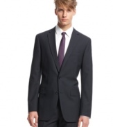 A modern navy plaid pattern steps up the style on this blazer from Bar III.