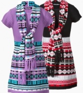 Because she already loves to accessorize, Planet Gold designs an easy-to-wear sweater dress with the fun of a matching scarf.