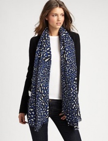 A lightweight cashmere style with an abstract print. Cashmere About 75 X 36 Dry clean Imported A lightweight cashmere style with an abstract print. Cashmere About 75 X 36 Dry clean Imported