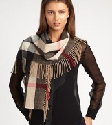 A soft, cashmere design in a mega check pattern accented with a fringe border. CashmereAbout 71 X 20Dry cleanImported 