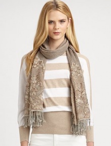 Eye-catching embroidery adds a whimsical look to this fringed wool design.WoolAbout 25 X 66½Dry cleanImported Eye-catching embroidery adds a whimsical look to this fringed wool design.WoolAbout 25 X 66½Dry cleanImported