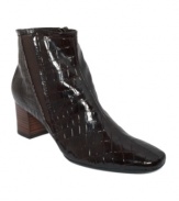 The square-toe shape and low stacked heel of Bandolino's Amaze ankle boots yield a sturdy, practical sensibility. Available in leather or croc-embossed patent leather styles, you'll be amazed by their enduring quality and comfort!