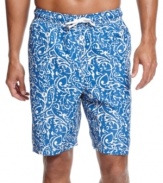 In the deep blue sea. Prepare to explore in comfort and style with these paisley swim trunks from Club Room.