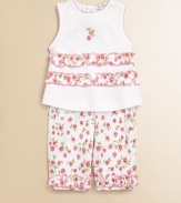 Make your little one look like a princess in this ultra feminine two-piece set, with dainty flowers and pretty ruffles. CrewneckCenter embroidered flowerSleevelessBack snap closureScallop trim at the neckline and arms in contrasting toneElastic waistbandRuffle trim at bottom hem of pantsPima cottonMachine washImported