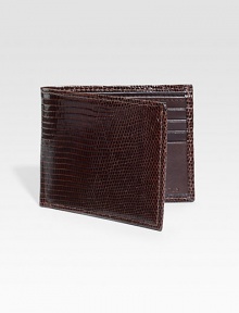 EXCURSIVELY OURS.An elegant menswear standard is crafted in genuine lizard. One bill compartmentEight card slots4½ X 3½Imported EXCURSIVELY OURS.An elegant menswear standard is crafted in genuine lizard. One bill compartmentEight card slots4½ X 3½Imported
