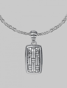Polished silver with a military mind, crafted in a dogtag design with the look of laticework. From the Bedeg Collection Sterling silver Chain necklace 1W X 2¼L Lobster clasp Made in Bali Polished silver with a military mind, crafted in a dogtag design with the look of laticework. From the Bedeg Collection Sterling silver Chain necklace 1W X 2¼L Lobster clasp Made in Bali