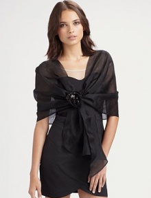 Silk organza pull-thru with sequin flower embellishment. About 19½ X 67 100% silk; dry clean Made in USA Silk organza pull-thru with sequin flower embellishment. About 19½ X 67 100% silk; dry clean Made in USA
