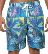 With classic beach style and a breezy print, these Newport Blue swim trunks are just right for beach days.