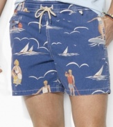The classic-fitting Traveler swim short is rendered in soft brushed cotton canvas with a Deco-inspired beach print.