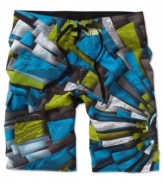 Quiksilver updates board shorts with a big, bold asymmetric pattern; sport-friendly, four-way stretch fabric; extra give at the seams; and Lycra at the inside front rise.