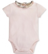 Baby's first Burberry, an adorable bodysuit with woven check collar.