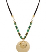Blended beauty. Robert Lee Morris brings together a double-hammered pendant and accents crafted from gold-tone mixed metal, resin beads and leather to a fashionable effect. Approximate length: 17 inches + 3-inch extender.