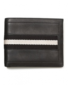 Understated bi-fold wallet in leather with 2-tone ribbon trim. Understated bi-fold wallet in leather with 2-tone ribbon trim.
