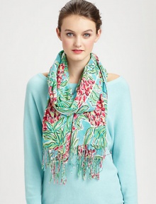 Fringe trim lends charm to this silk-cashmere scarf made from a luxurious combination of silk and cashmere.About 28 X 82Silk/cashmereDry cleanImported Fringe trim lends charm to this silk-cashmere scarf made from a luxurious combination of silk and cashmere.About 28 X 82Silk/cashmereDry cleanImported