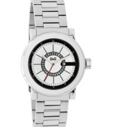 A reflection of your style. This mirror-faced watch by D&G is crafted of stainless steel bracelet and round case. Mirrored dial features black outer ring, inner date ring, three hands and logo. Quartz movement. Water resistant to 30 meters. Two-year limited warranty.
