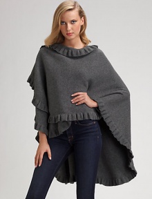 Beautifully draped merino/angora knit with elegant ruffle trim. About 42 X 54 Merino/angora; dry clean Made in Scotland Beautifully draped merino/angora knit with elegant ruffle trim. About 42 X 54 Merino/angora; dry clean Made in Scotland