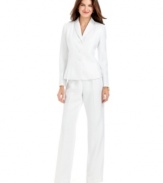 Le Suit's luminous pant suit shines with special details, like sleek seamed pleats at the jacket.