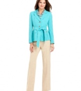 A summery fabrication and bright hues make this Evan Picone pant suit a must-have for the season ahead. A matching scarf adds a pop of pattern to the look.