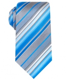 Go bold with eye-catching color on this striped tie from Alfani. Go bold with eye-catching color on this striped tie from Alfani.