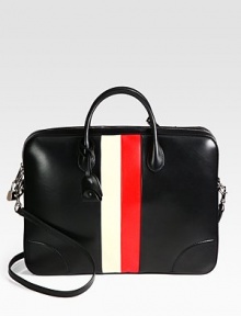 Smooth leather briefcase with signature web detail.Zip closureTop handleAdjustable shoulder strapInterior zip pocketID Tag and key holderFully lined16W x 12½H x 2½DMade in Italy Smooth leather briefcase with signature web detail.Zip closureTop handleAdjustable shoulder strapInterior zip pocketID Tag and key holderFully lined16W x 12½H x 2½DMade in Italy