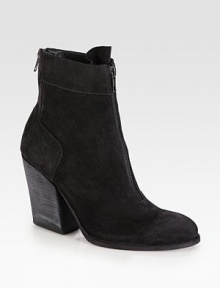 Downtown cool style made of ultra-soft suede, finished with exposed zippers and a towering stacked heel. Stacked heel, 4 (100mm)Suede upperFront and back zipLeather lining and solePadded insoleImported