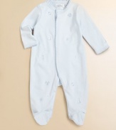 Crafted from luxuriously soft cotton jersey as part of the Luxe Pima collection, a sweet coverall is lovingly adorned with intricate crochet work and timeless nautical embroidery.CrewneckLong sleeves with crochet-trimmed cuffsFront button snapsBottom snaps for easy on and offCottonMachine washImported
