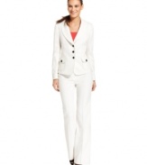 Nine West's pant suit is made striking with contrasting button closures and a subtle stripe pattern on its bright white fabric. Make it really pop by layering a colored cami underneath.