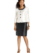 Kasper's high-contrast look is accentuated by the stylish applique and buttons on the jacket of this skirt suit. A perfect palette for pairing a colorful shoe, and a cinch to keep simple with a neutral.