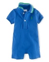 A preppy short-sleeved shortall in breathable cotton mesh is adorned with signature pony embroidery.