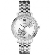 Swarovski crystals accent the bezel of this elegant GUESS timepiece and lend it luxurious sensibility.