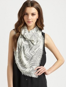 A warm blend of wool and cashmere with a pretty and subtle fern print. 80% wool/20% cashmereAbout 28 X 74Dry cleanImported A warm blend of wool and cashmere with a pretty and subtle fern print. 80% wool/20% cashmereAbout 28 X 74Dry cleanImported