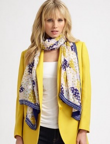 This pretty abstract printed style features a solid, beaded border. SilkAbout 40 X 70Dry cleanImported This pretty abstract printed style features a solid, beaded border. SilkAbout 40 X 70Dry cleanImported