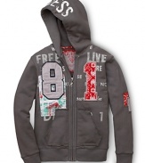 Casual style gets turned up a notch with this GUESS Kids zip front hoodie featuring embroidered logo details and an elbow patch.