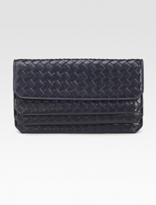 Rich woven leather defines this classic continental silhouette, finished with staggered pockets.Magnetic flap closure One inside zip pocket One inside open pocket Four credit card slots Leather lining 7½W X 5H X 1D Made in Italy Rich woven leather defines this classic continental silhouette, finished with staggered pockets.Magnetic flap closure One inside zip pocket One inside open pocket Four credit card slots Leather lining 7½W X 5H X 1D Made in Italy