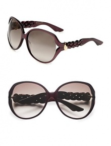 A round-shaped frame with pretty, braided temples. Available in black with grey gradient lens or pearl violet with brown gradient lens. Metal accented, braided temples100% UV protectionMade in Italy A round-shaped frame with pretty, braided temples. Available in black with grey gradient lens or pearl violet with brown gradient lens. Metal accented, braided temples100% UV protectionMade in Italy