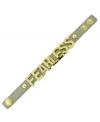 Show them how bold you really are with BCBGeneration's Fearless bracelet. Made of painted green leather, it features gold-tone letters and a snap closure. Approximate length: 8 inches.