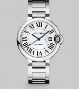 From the Ballon Bleu de Cartier Collection. This fresh timepiece from a legendary maker is a beautiful blend of classical shapes and futuristic details. Automatic movementWater resistant to 3 ATMRound stainless steel case, 36mm (1.4)Smooth bezelSilvered opaline and guilloché dialRoman numeral hour markersDate display at 6 o'clockSecond hand Stainless steel link braceletMade in Switzerland 