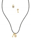 Be secure in your sense of style. This necklace and earrings set from RACHEL Rachel Roy features lock and key pieces crafted from gold-tone mixed metal. A black wax cotton cord makes a bold statement. Approximate length (necklace): 15 inches. Approximate drop (necklace): 1/4 inch. Approximate diameter (earrings): 1/4 inch.