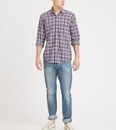 A true skinny fit, with a tapered leg and a medium rise, this rigid denim style with clean back pockets, is finished in a washed down, authentically worn-in light slate blue wash.Five-pocket styleInseam, about 32¾CottonMachine washMade in USA