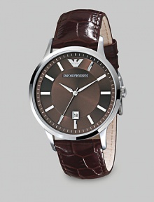 Sleek and slim in polished stainless steel with a textured dial and croco-leather strap. Second hand Date display at 6 o'clock Round case, 43mm, 1.69 Croco leather strap, 22mm, 0.87 Water resistant to 5 ATM Quartz movement Imported Sleek and slim in polished stainless steel with a textured dial and croco-leather strap. Second hand Date display at 6 o'clock Round case, 43mm, 1.69 Croco leather strap, 22mm, 0.87 Water resistant to 5 ATM Quartz movement Imported