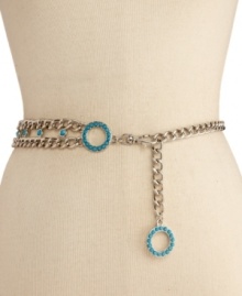 Let your style come full circle. This charming double chain belt by Kenneth Jay Lane features a two circular accents with faux-coral stone detail. Let your style come full circle. This charming double chain belt by Kenneth Jay Lane features a two circular accents with faux-coral stone detail.