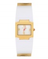 Sunny gold and cool white are a smash hit on this bangle watch by Betsey Johnson. White optical resin and gold tone stainless steel bangle bracelet and rectangular gold tone stainless steel case. White dial features gold tone numerals at twelve, three, six and nine o'clock, gold tone hour and minute hands, signature fuchsia second hand and logo. Quartz movement. Water resistant to 30 meters. Two-year limited warranty.