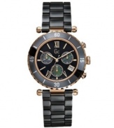Impactful presentation with a touch of warm rose tones, a wonderful blend from Gc Swiss Made Timepieces. Watch crafted of black ceramic bracelet with two-side pushers and round case with rose-gold accent. Bezel marked with minute numerals. Black enamel chronograph dial with Roman numerals at five, seven and twelve o'clock, three subdials and logo. Swiss quartz movement. Water resistant to 100 meters. Ten-year limited warranty. Luxury Gc gift box packaging included.