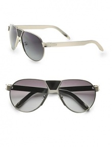 The iconic aviator gets an update, in titanium with a stylish faux leather detail. Available in shiny black with green gold flash mirror lens, or brushed silver with gradient smoke lens.UV 400 lensImported The iconic aviator gets an update, in titanium with a stylish faux leather detail. Available in shiny black with green gold flash mirror lens, or brushed silver with gradient smoke lens.UV 400 lensImported