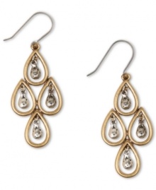 These pretty chandelier earrings from Lucky Brand have a DIY appeal with golden teardrops holding textured accents at the center. Crafted in gold tone and silver tone mixed metal. Approximate drop: 1-3/4 inches.