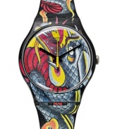 Inspired by colorful tattoo designs, this Fired Snake watch from Swatch lets you show your rebellious side.