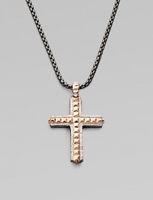 From the Alchemy in the UK Collection. A bold cross pendant of sterling silver, textured, studded and finished with rose goldplatng and black rhodium-plated accents, on a chunky chain of oxidized silver.Sterling silverRose goldplated and rhodium plated accentsChain length, about 24Pendant length, about 1½Lobster claspImported From the Alchemy in the UK Collection. A bold cross pendant of sterling silver, textured, studded and finished with rose goldplatng and black rhodium-plated accents, on a chunky chain of oxidized silver.Sterling silverRose goldplated and rhodium plated accentsChain length, about 24Pendant length, about 1½Lobster claspImported