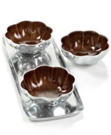 More than conversation blossoms around your table with handcrafted Amber Lotus nut bowls from Simply Designz. Polished aluminum lined in glossy enamel lends fresh color and shine to any dining area. With tray. More than conversation blossoms around your table with handcrafted Amber Lotus nut bowls from Simply Designz. Polished aluminum lined in glossy enamel lends fresh color and shine to any dining area. With tray.